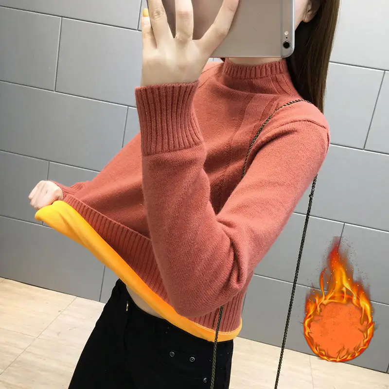 Brick red Sweater Плюс бархатный пуловер свитер Женский Повседневный осенне-зимний свитер с высоким воротом женские свободные женские кофты вязаный свитер женский q75 - Цвет: Brick red Sweater