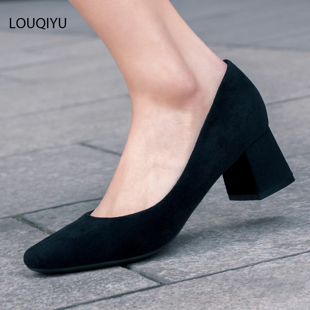 Женские замшевые туфли лодочки на высоком каблуке с квадратным носком|Женские