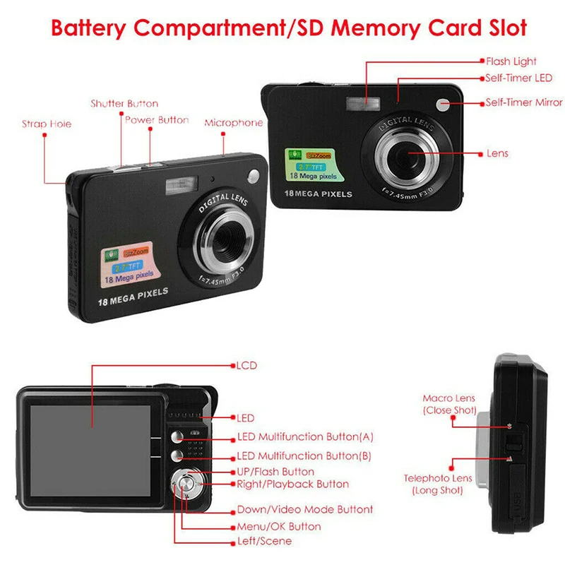 2 7 дюймов TFT lcd HD экран Цифровая камера Анти встряхивание распознавание лица