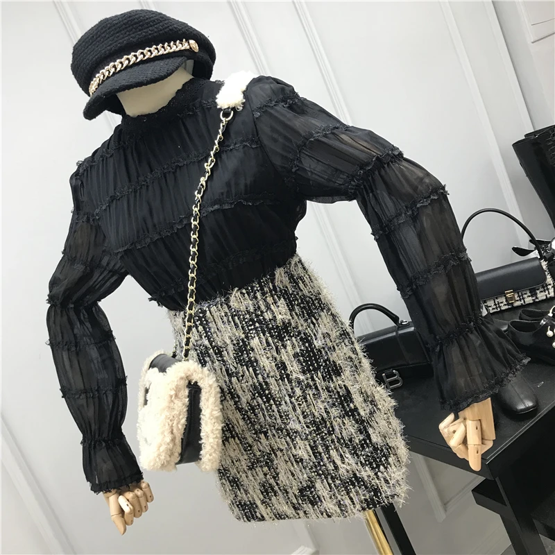 

2020 Flare Sleeve Tops Hot Sales Women Lace Long Sleeve Cute Date Office Lady Style Basic Shirt Blouses Sweet E1032