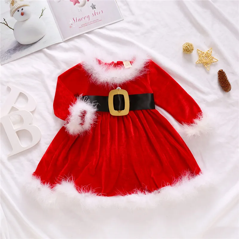 

2020 New Year Newborn Baby Toddler Girl Christmas Fleece Dress Long Sleeve zipper Puff with Belt feather red fashion clothes