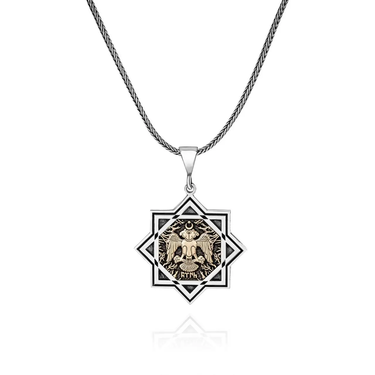 Double-Headed Eagle Göktürkçe Turkish Written 60 cm 925 Silver Necklace