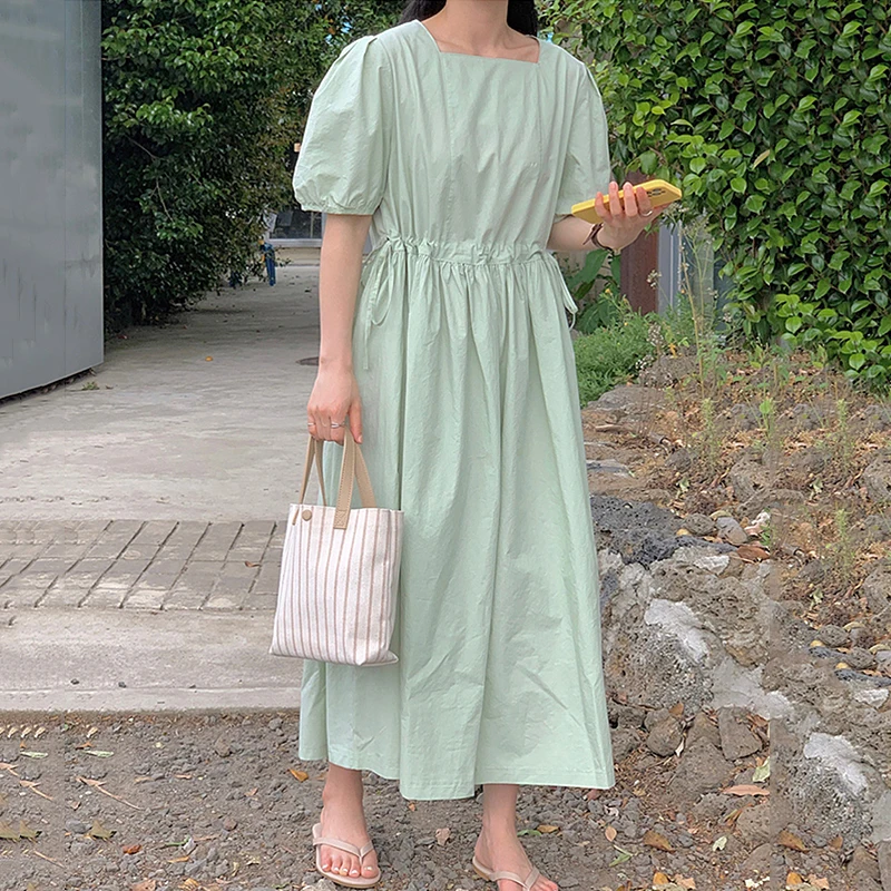 

ZCSMLL Korean Chic Summer French Gentle Square Collar Vestido Pleated Drawstring Tie Waist Long Puff Sleeve Dress Women Tide