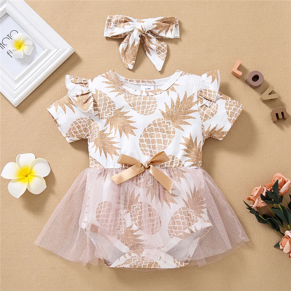 

WenaZao Infant Newborn Toddler Baby Summer 2Pcs Outfit Pineapple Print O-Neck Short Sleeve Rompers with Hairband 0 To 12 Months