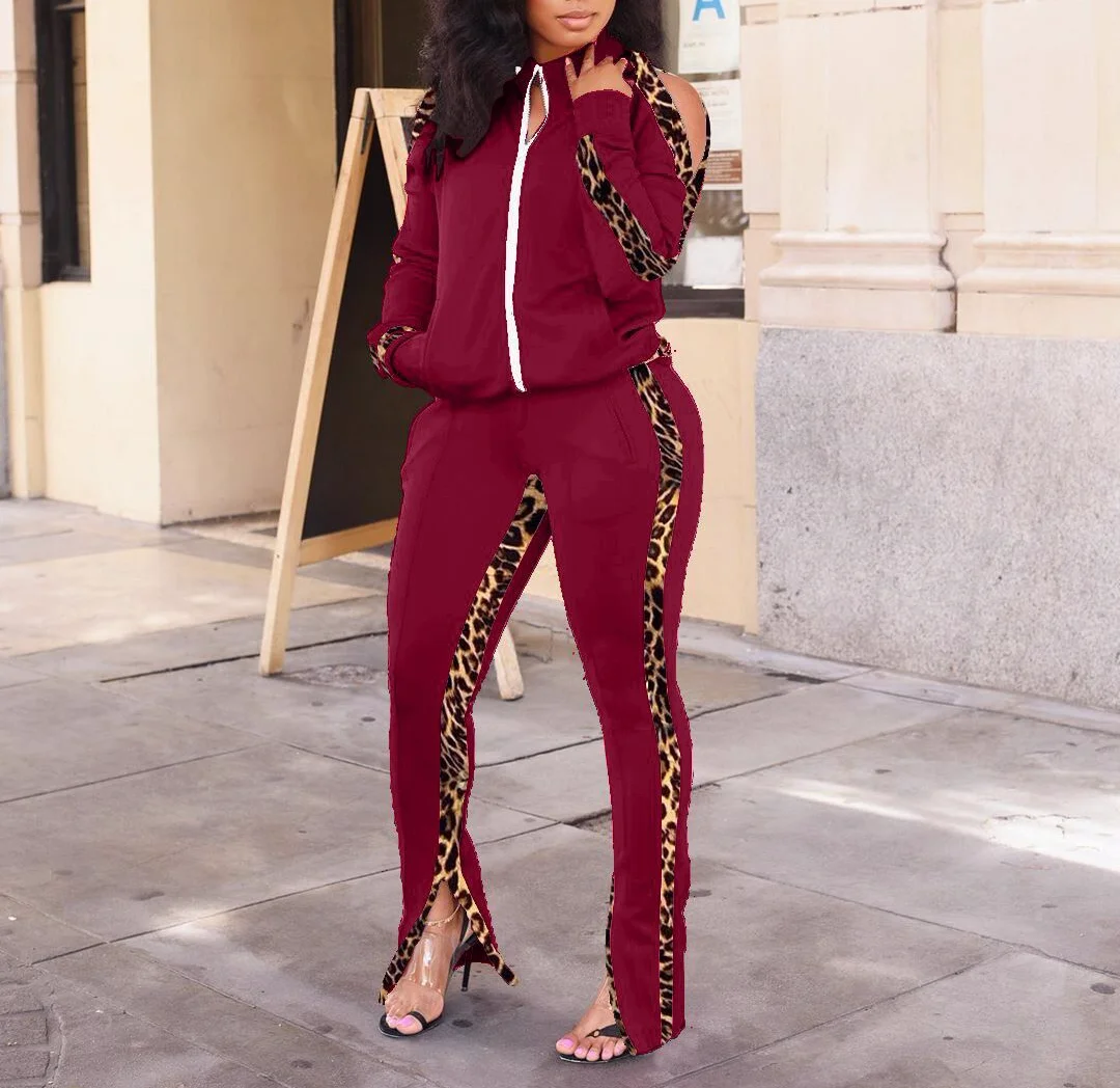 

Women Casual 2 Piece Set Sports Suit For Women Autumn Spring Office Lady Loose Casual Female Zipper Fashion Leopard Tracksuit