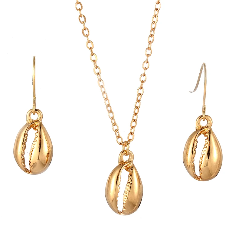 Модные женские серьги-подвески в виде ракушек Комплект ожерелье золотого цвета