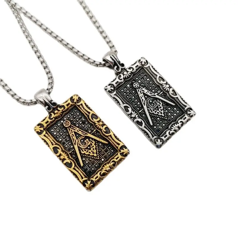 

Vintage stainless steel Free Mason pendan & necklace Gothetic Bling Bling rhinestones Masonic dog tag necklace men