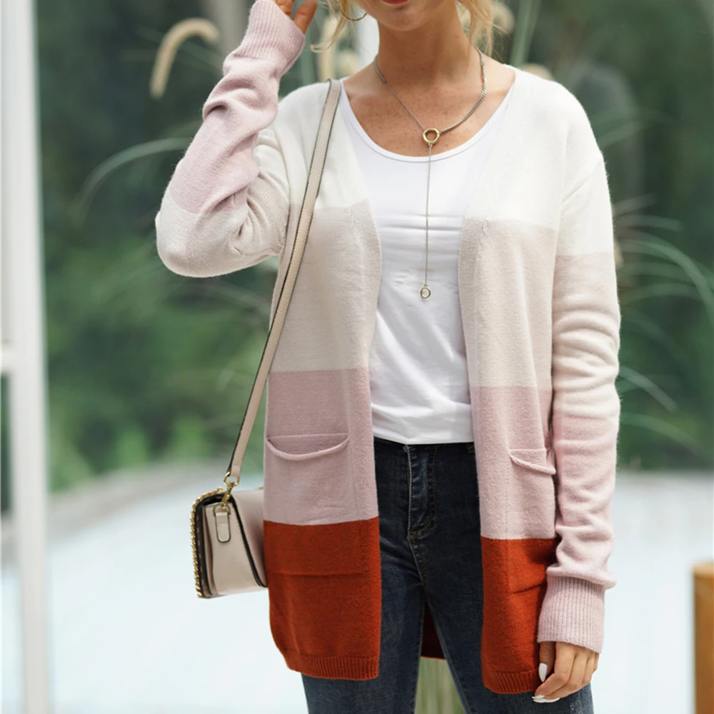 Женский кардиган в полоску повседневный трикотажный свитер с длинным рукавом и 2