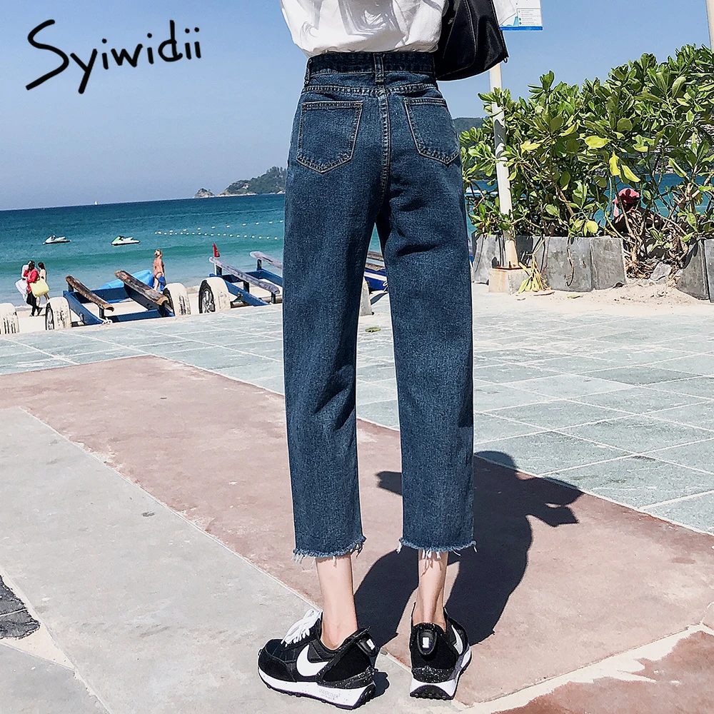 Джинсы mom с высокой талией черные белые небесно-голубые джинсовые брюки эффектом