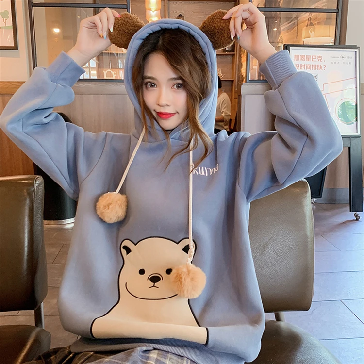 Merry Pretty женские толстовки с капюшоном Harajuku мультфильм Медведь Вышивка толстовки толстый свитшот с ушками на капюшоне спортивный костюм