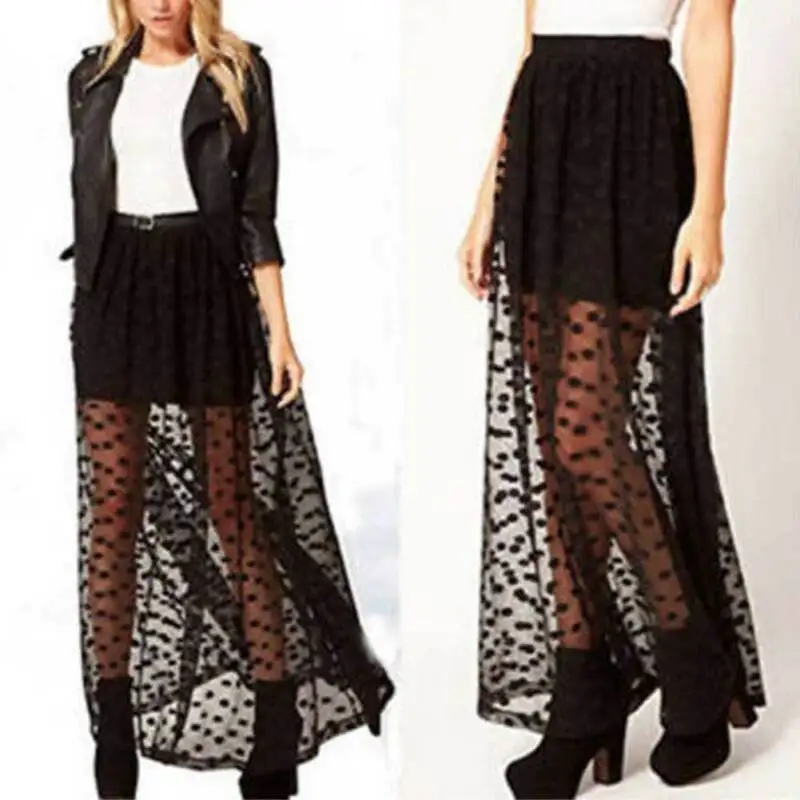 

Women High Waist Ruffle Mesh Tutu Skirt Sheer Net Tulle Pleated Long Party Dress