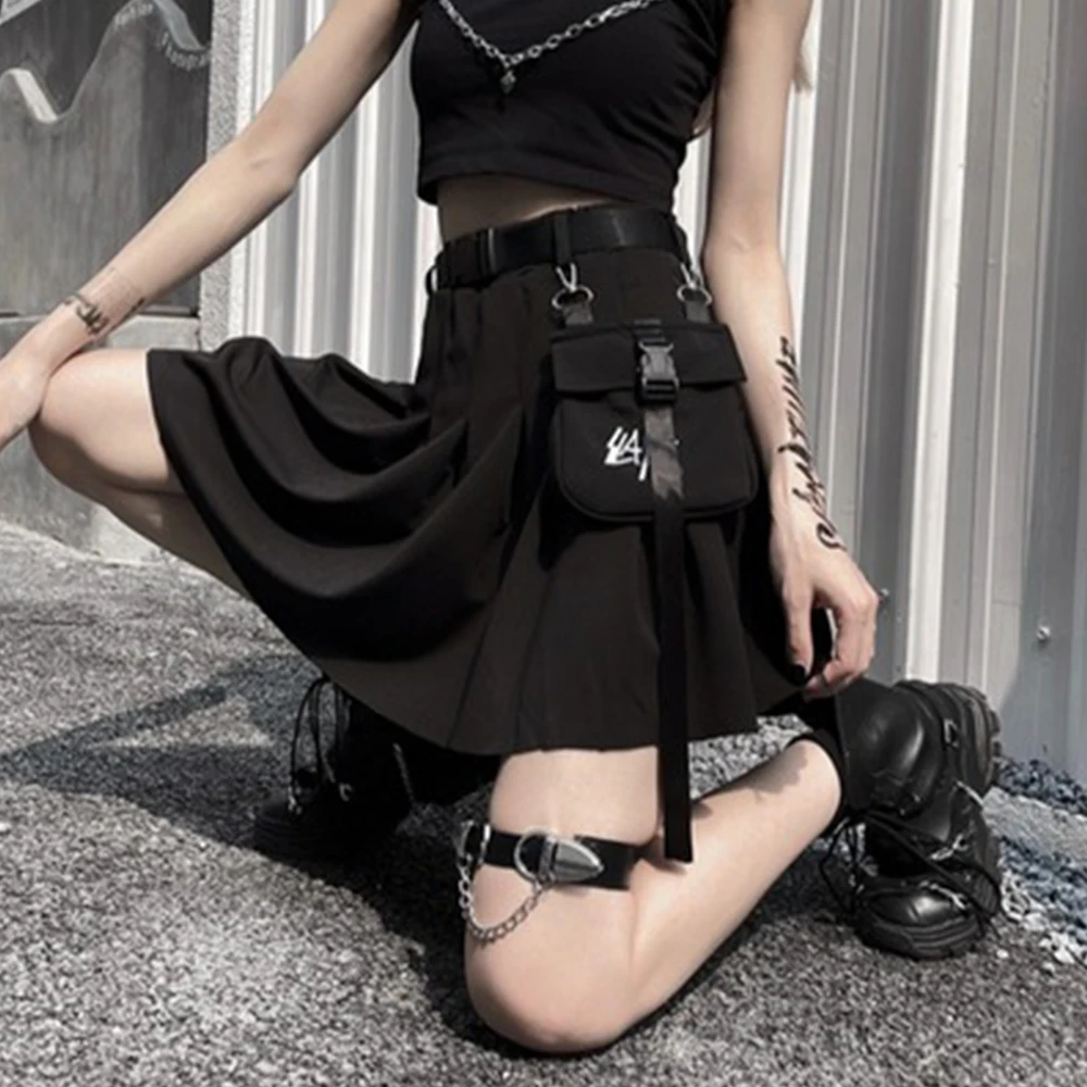 

Dark Icon Harajuku Japanese Style Short Skirt With Bag Women High Waist Thin A-lline Black Tooling Skirt