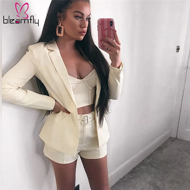 Женский розовый блейзер Офисная Мода Осенний куртка и шорты с поясом комплект из