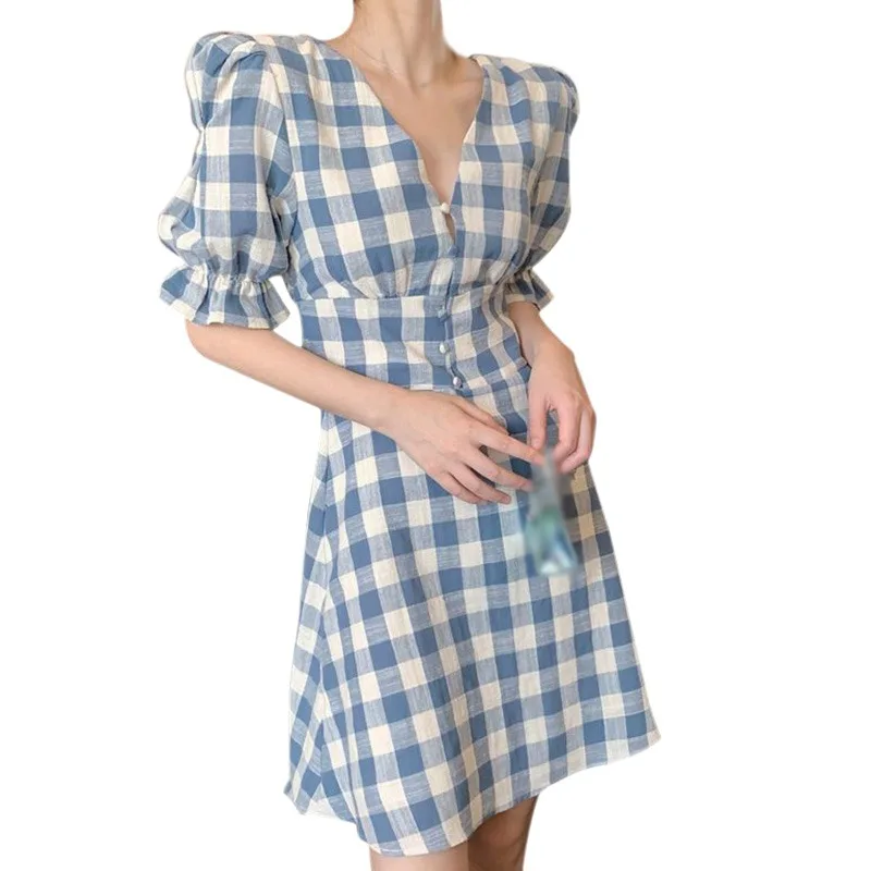 

V-neck Plaid Women Retro Button Dress Summer High Waist Puff Sleeve Dresses Elegant Mid-length short-sleeve dress
