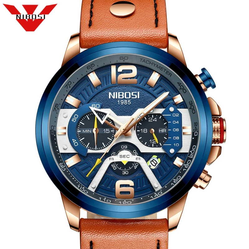 NIBOSI Роскошные Синие часы Мужские Аналоговые кожаные спортивные мужские