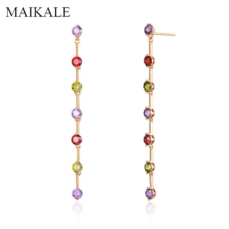 Женские длинные серьги кисточки MAIKALE золотистые Разноцветные с цирконом класса