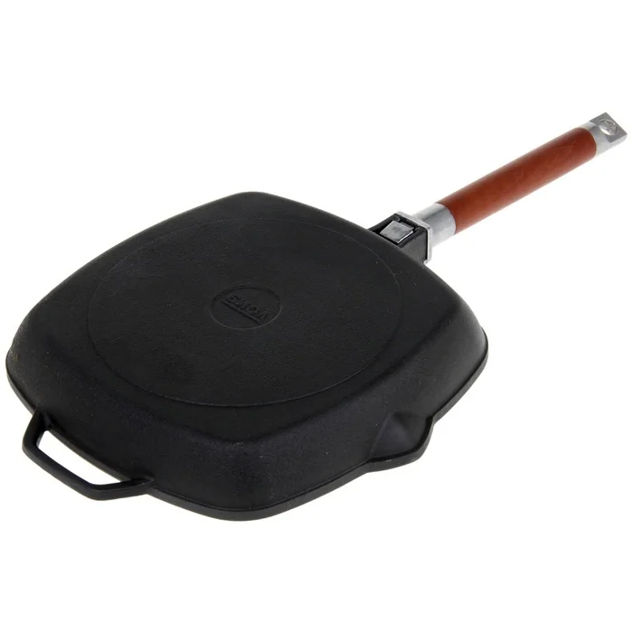 СКОВОРОДА ГРИЛЬ ЧУГУННАЯ &quotБиол&quot с крышкой и съемной деревянной ручкой 26*26/28*28