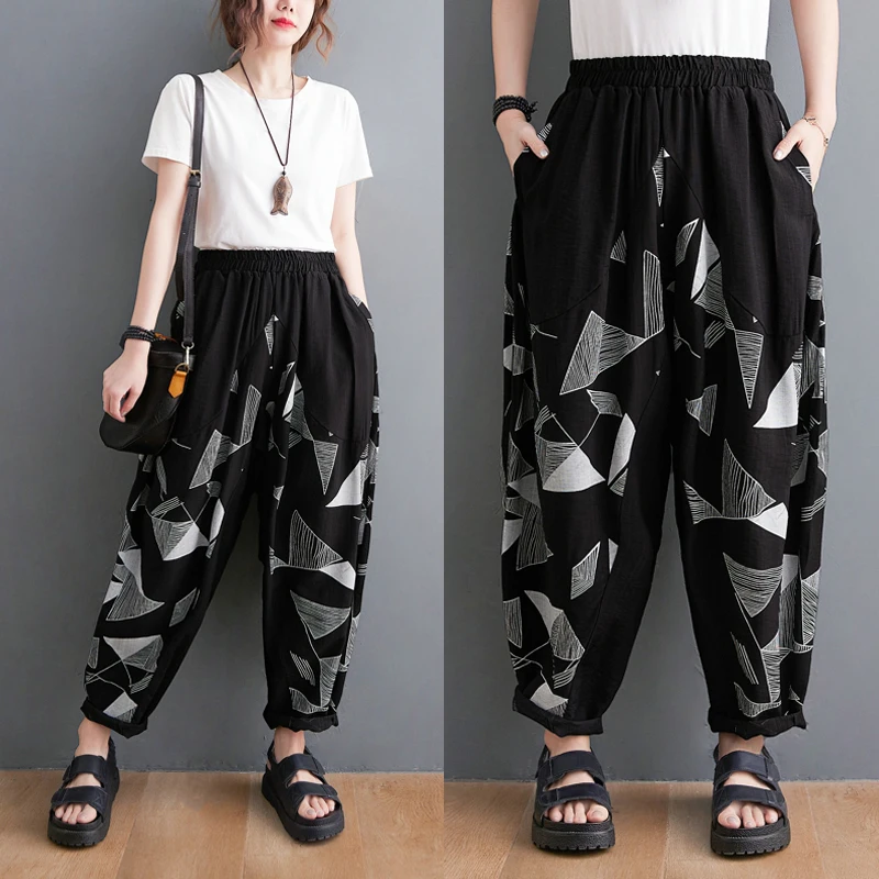 

DIMANAF Plus Size Women Pants Vintage Female Linen Polka Dot Plaid Harem Elastic Slacks Black Trousers Summer Striped Pants