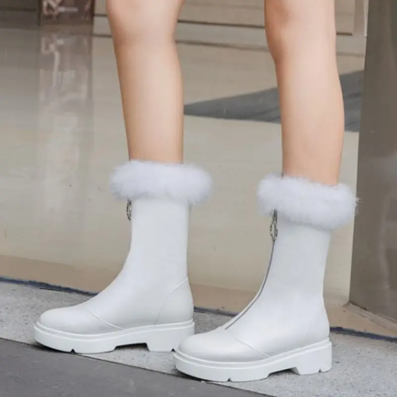 

Taoffen Women Mid Calf Snow Boots Plush Fur Round Toe Front Zipper Shoes Winter Warm Boots Women Fashion Footwear Size 33-40