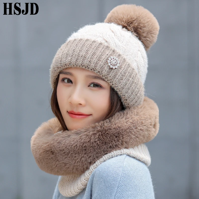 Зимняя женская двухцветная вязаная шапка и толстый плюшевый шарф комплект из 2