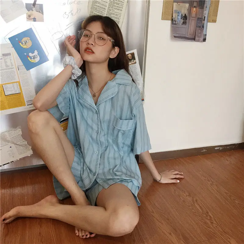 QWEEK Korean Homewear Women Summer 2021 Pajamas Striped Pyjamas Ensembles Short Sleeve Pijamas 2 Piece Set Sleepwear Nightie PJ