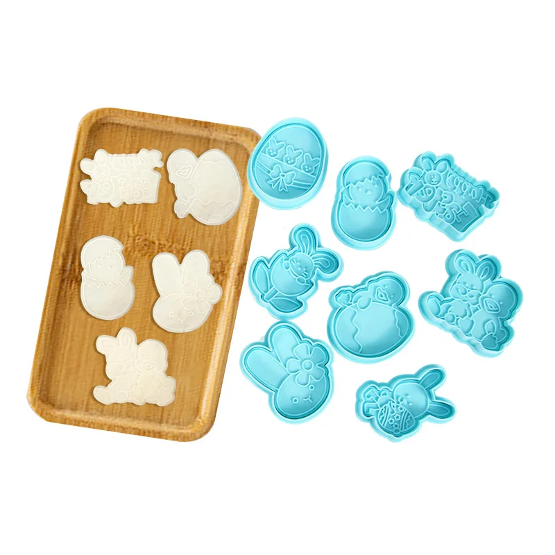 

4Pcs/set Blue Easter Bunny Pattern Plastic Baking Mold Kitchen Biscuit Cookie Cutter Pastry Plunger 3D DIY Fondant Cake Tools