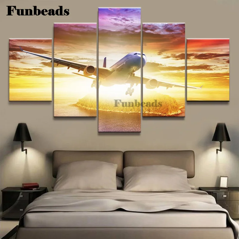 

Full Square round drill Diamond painting Airplane flight landscape Diamond embroidery sunrise cloud view 5 pcs art FF1041