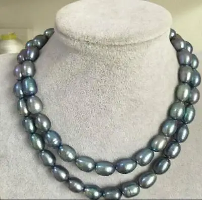 

double strand 9-10mm natural tahitian black blue pearl necklace 32" 14K yellow