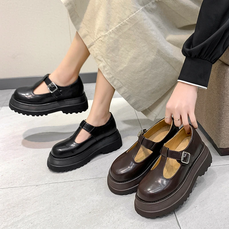 

Vintage Mary Jane Shoes Women Chunky Platform Leather Oxfords 2021 Spring Autumn Women Loafers Black Brown Flats Boat Shoes