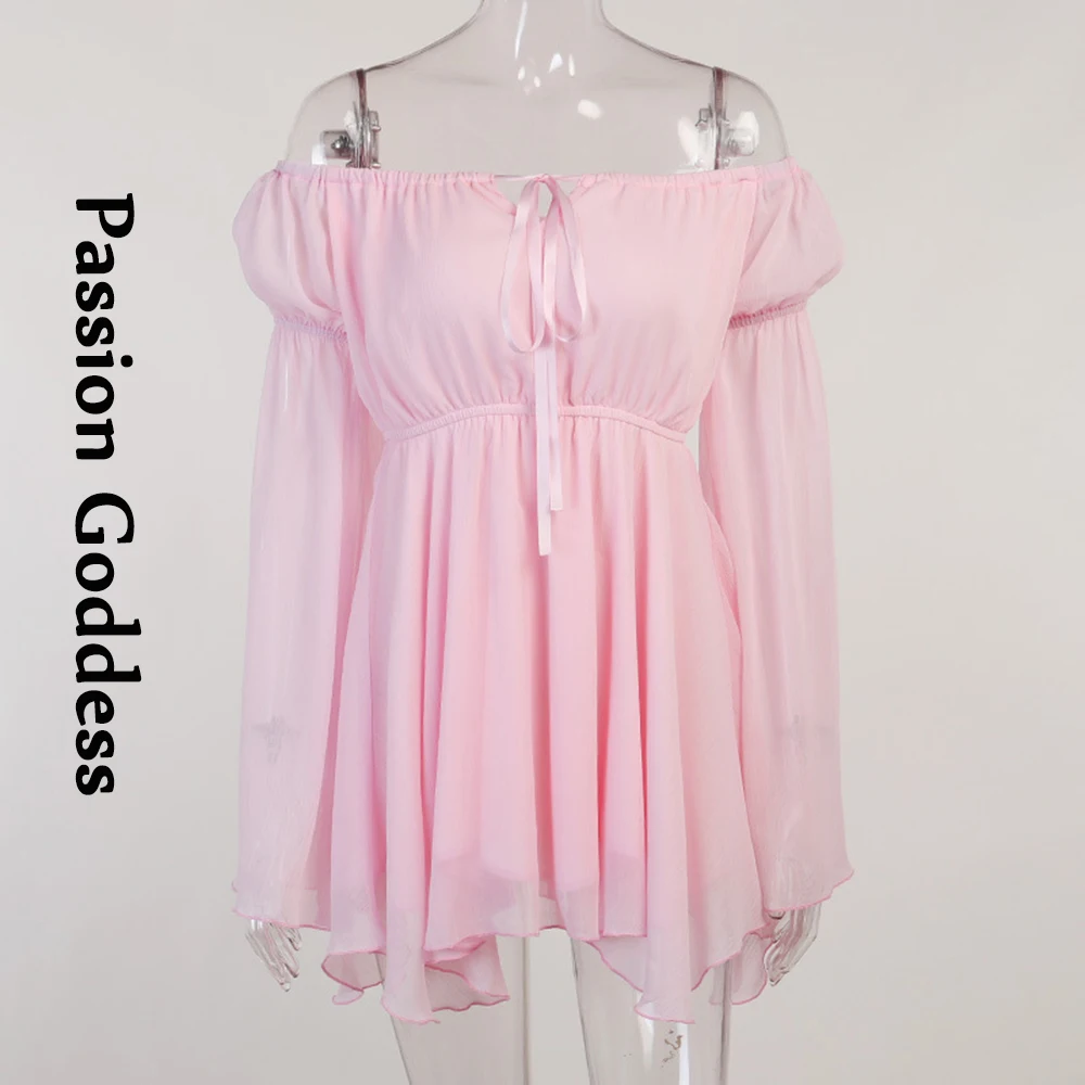 

Sweet Cute Women Pink Chiffon Dress Off Shoulder Long Sleeve Irregular Dress Elastic High Waist Party Club Princess Dresses