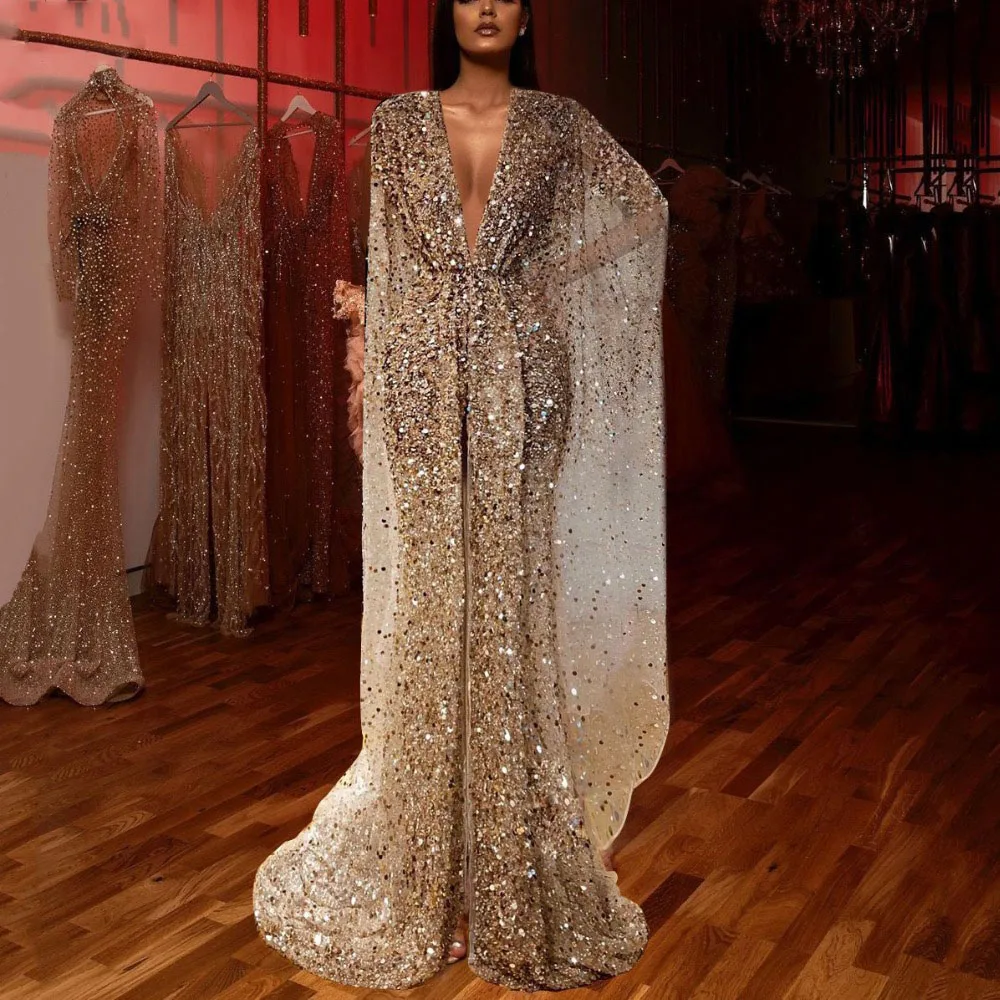 

Sparkly Deep V Neck Evening Dress Sequin Crystal Glitter Long Prom Dresses Cloak vestido longo Arabic Elegant Formal Party Gowns