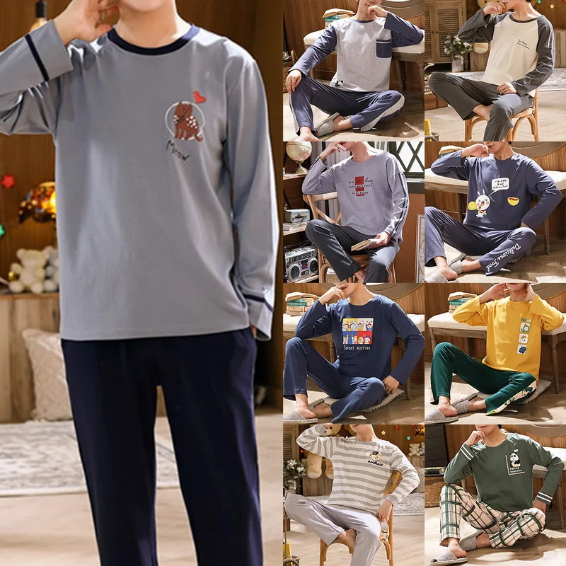 Мужская зимняя теплая пижама из 100% хлопка одежда для сна домашняя с мультяшным