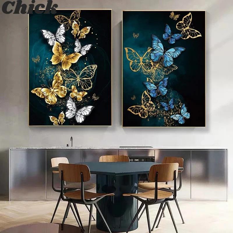 

Modern Minimalist Print And Poster Blue Gold Butterfly Pictures Wall Art Canvas Painting Mural Decoration for Living Room Decor