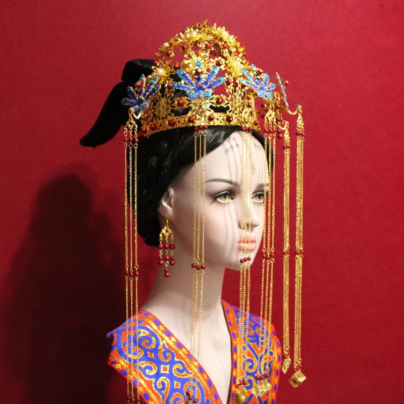 

2 Designs Imitate Ming Dynasty Empress Wedding Hair Tiara Tassel Blue Cloisonne Phoenix Tiara Bride Hanfu Hair Accessory