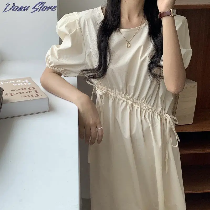 

2021 New Summer Women's Dresses Pure Color Puff Sleeve Waist Drawstring Loose Refreshing Midi Dress French Sweet Casual Vestidos