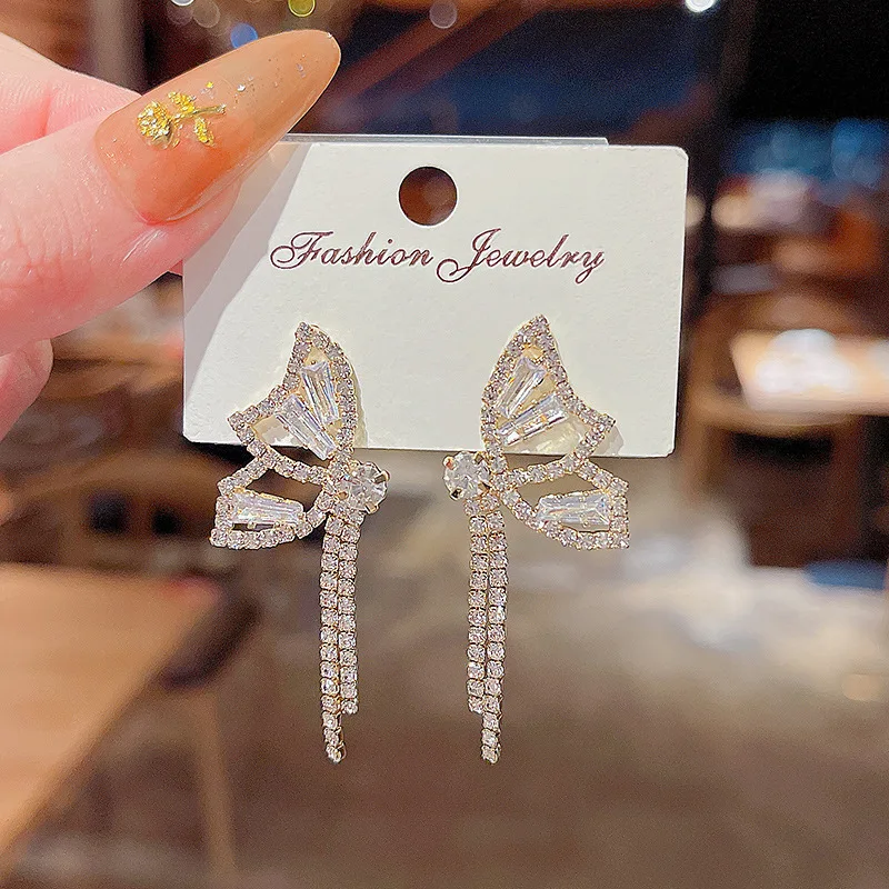 

Wholesale Sterling Silverss Pin New Bow Zircon Earrings Female Tassel Ear Studs Jewelry Gift