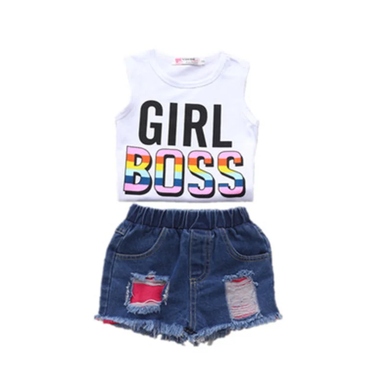 

New girls' vest printed denim ripped shorts suit jeans 2021 summer new products