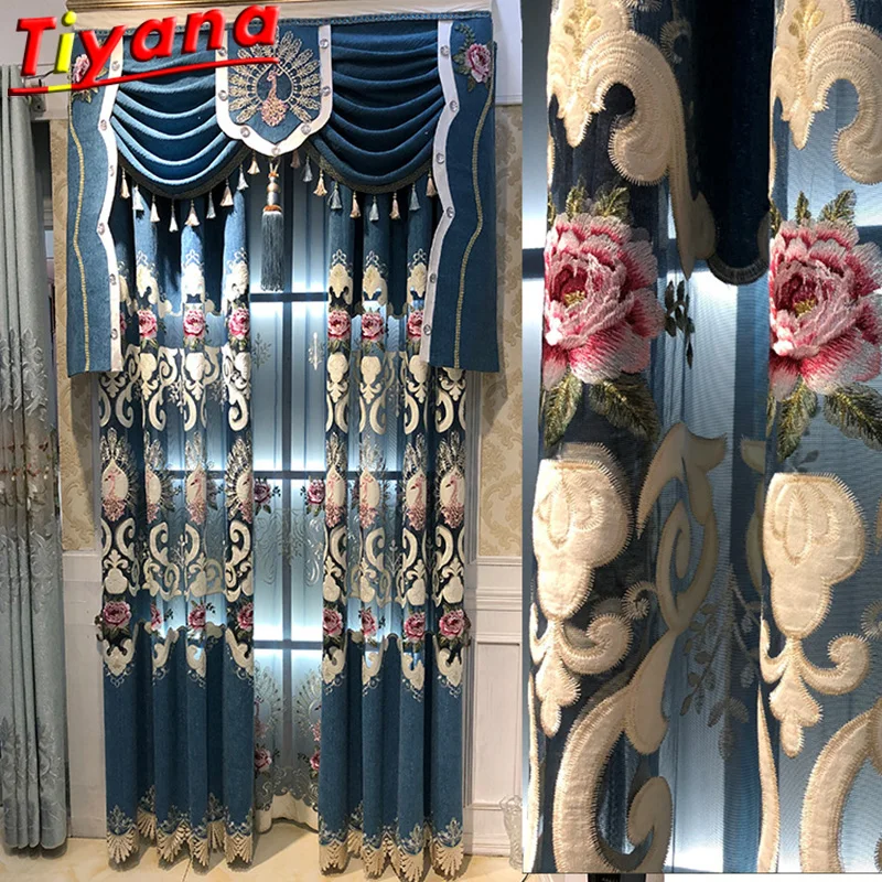 

European Blue Chenille Embroidery Curtains for Living Room Luxury Flowers Embroidery Window Drapes for Bedroom X-HM638#35