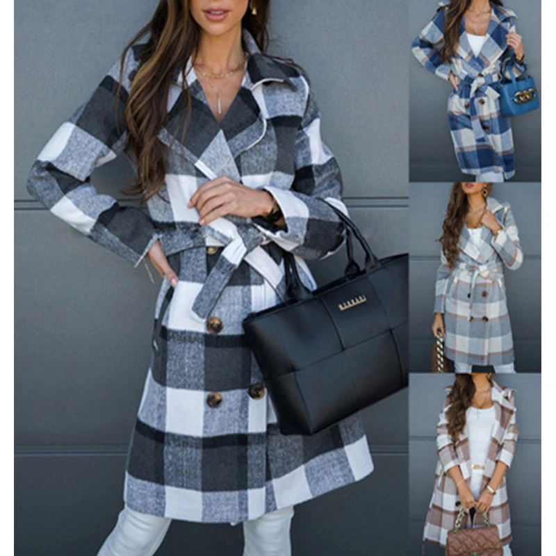 

traf jacket Winter 2021 Overcoat For Women Wool Blend Plaid Long Coat Outerwear manteau fur and faux fur shein official shop