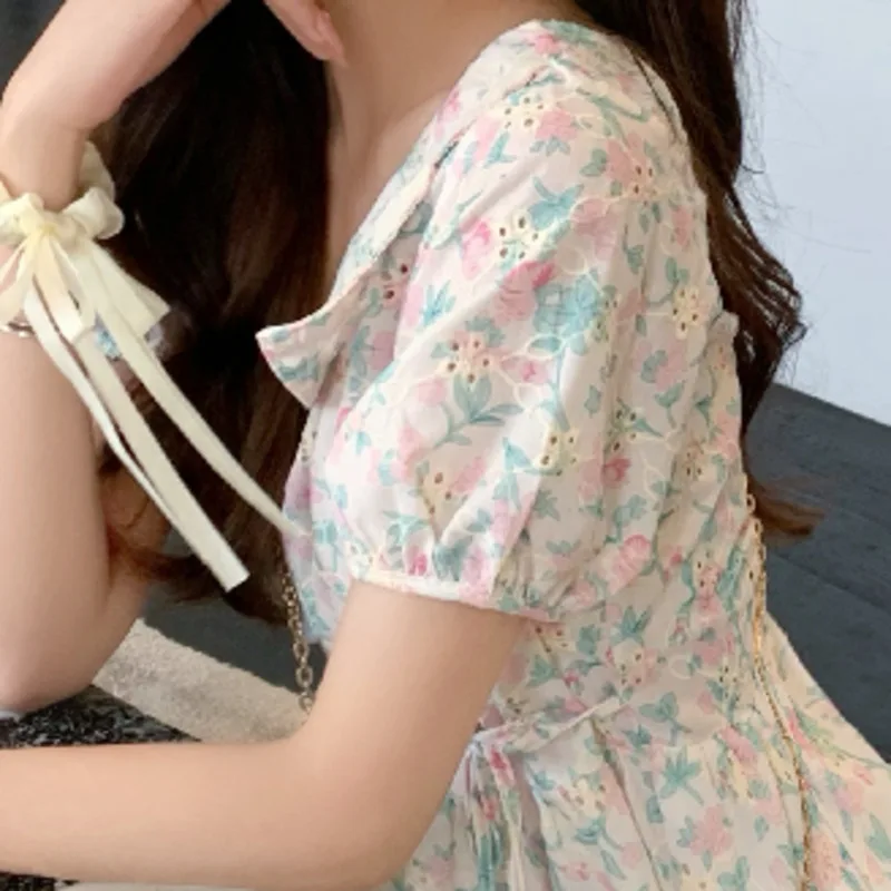 

Summer New Sweet Dress Temperament Turn Down Collar Embroidered Waist Chiffon Robes Vintage Print Ladies Style Vestido De Mujer