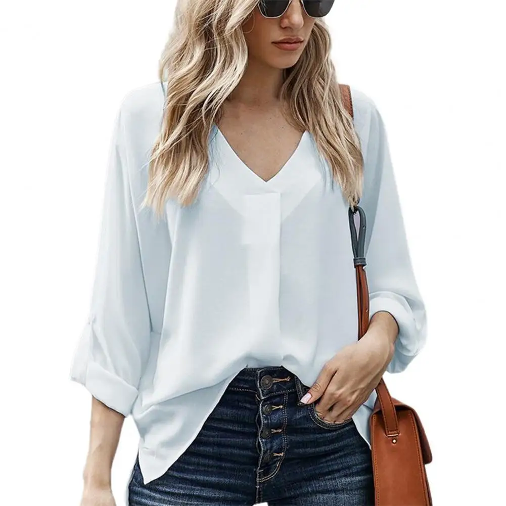 

New Autumn Office Shirt Women Elegant Solid Color All Match Blouse V Neck 3/4 Sleeve Pleated Split Hem Blouse Streetwear