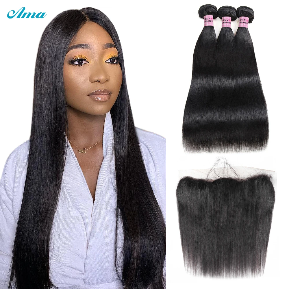 Straight Hair Bundles With Frontal Brazilian Bone Straight Human Hair Bundles With Frontal 3 Bundles With Closure Frontal Remy