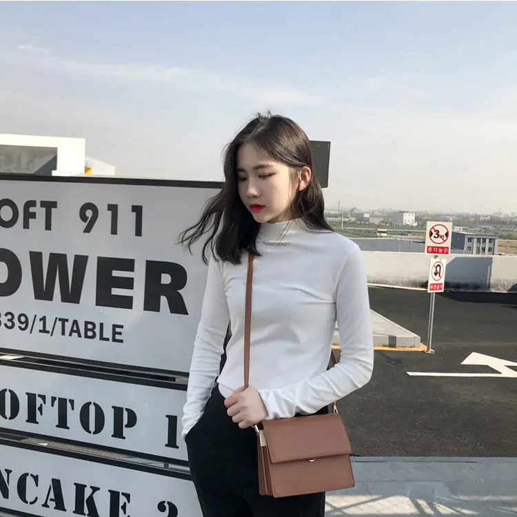 

Women Embroidery Letter Turtleneck Soft Nap T Shirt Tees T-Shirts Female Bottoming Tops Womens Thermal Top Long Sleeve Shirt