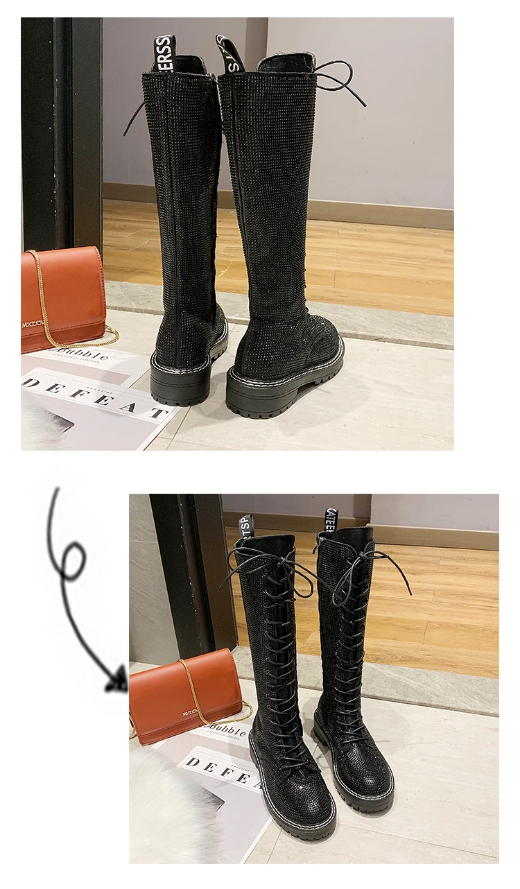 Fashion Sexy Women's Lace-Up Knees High Long Boots Bling Rhinestone Leather Platform Martin Boots Black Silver Zapatos Drop Ship