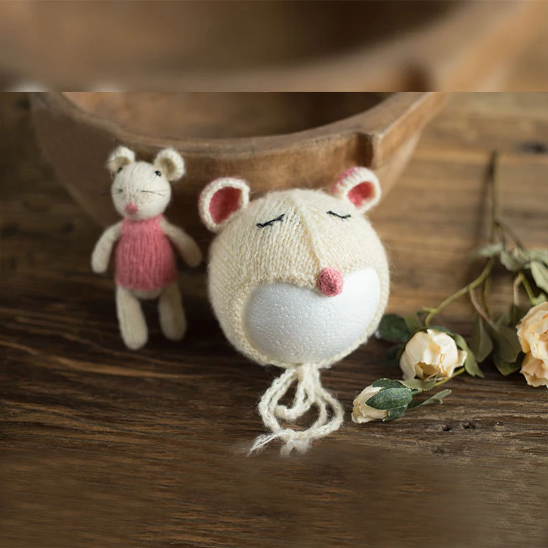 

Newborn Photography Props Baby Hat Photo Studio Photo Props Baby Photo Knitted Rat Mouse Doll Photo Accessories