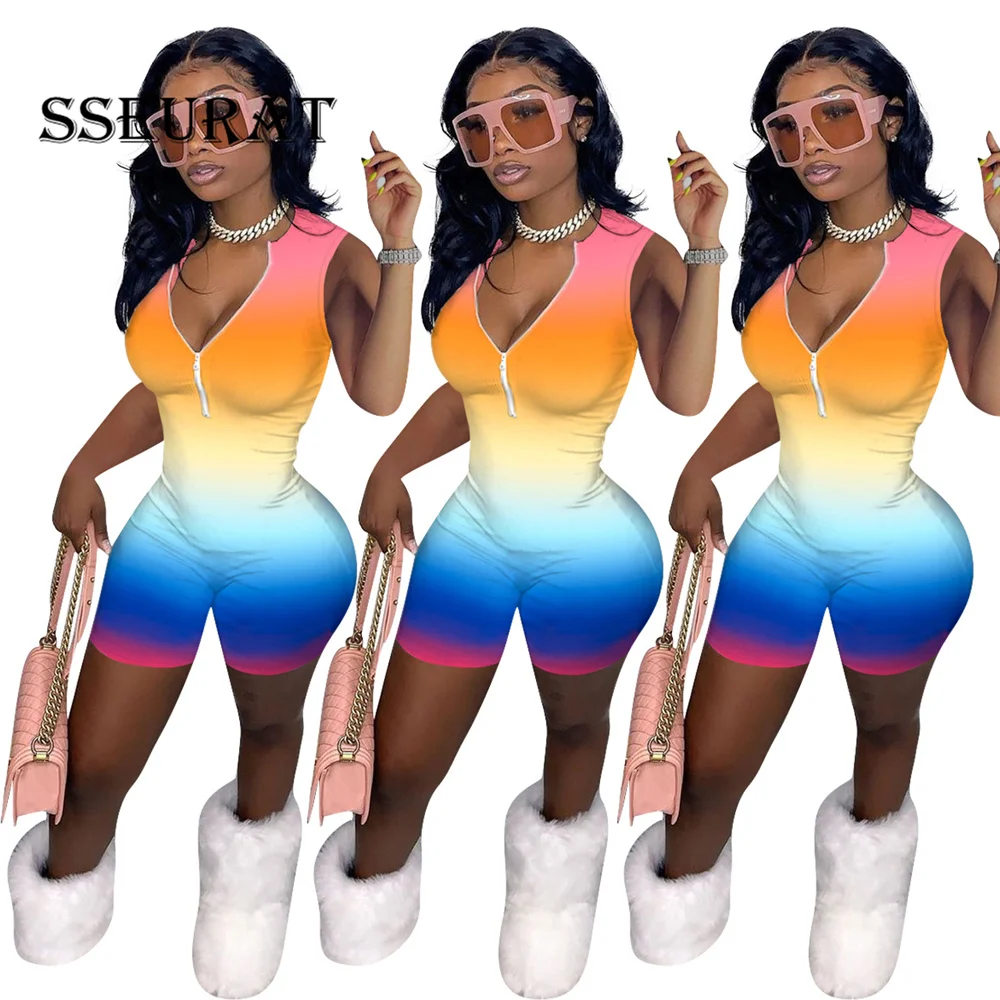 

SSEURAT Summer Women Rainbow Striped Zipper Up Sleeveless Bodycon Bodysuit Knee Length One Piece Romper Playsuit Jumpsuit