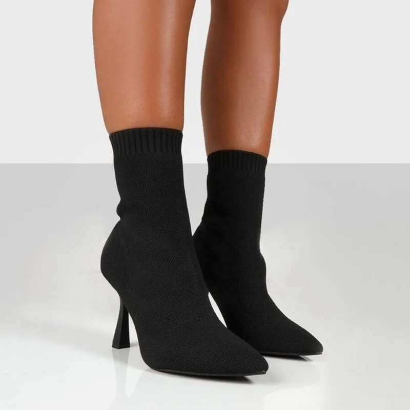 

Autumn Winter Women Nude Black Stretch Fabric Sock Boots Square Toe Elastic Knitting Ankle Boots Lady Thick High Heels Shoes