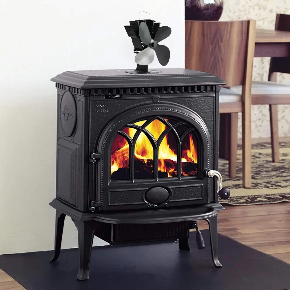 

Black Fireplace 4 Blade Heat Powered Stove Fan komin Log Wood Burner Eco Friendly Quiet Fan Home Efficient Heat Distribution