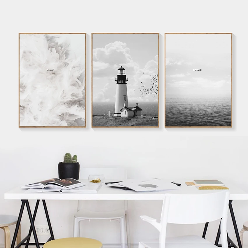 

Black and White Minimalist Canvas Picture Nordic Gray Seascape Lighthouse Painting Room Home Wall Decor for Cafe Shop Home Decor