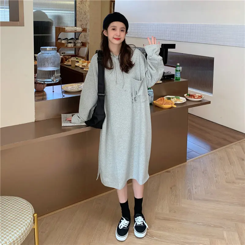 

Spring Pink Black Gray Cozy Hoodded Sweat Dresses Women Loose Fitting Oversized Cotton Dress Korean Style Casual Streetwear 2021